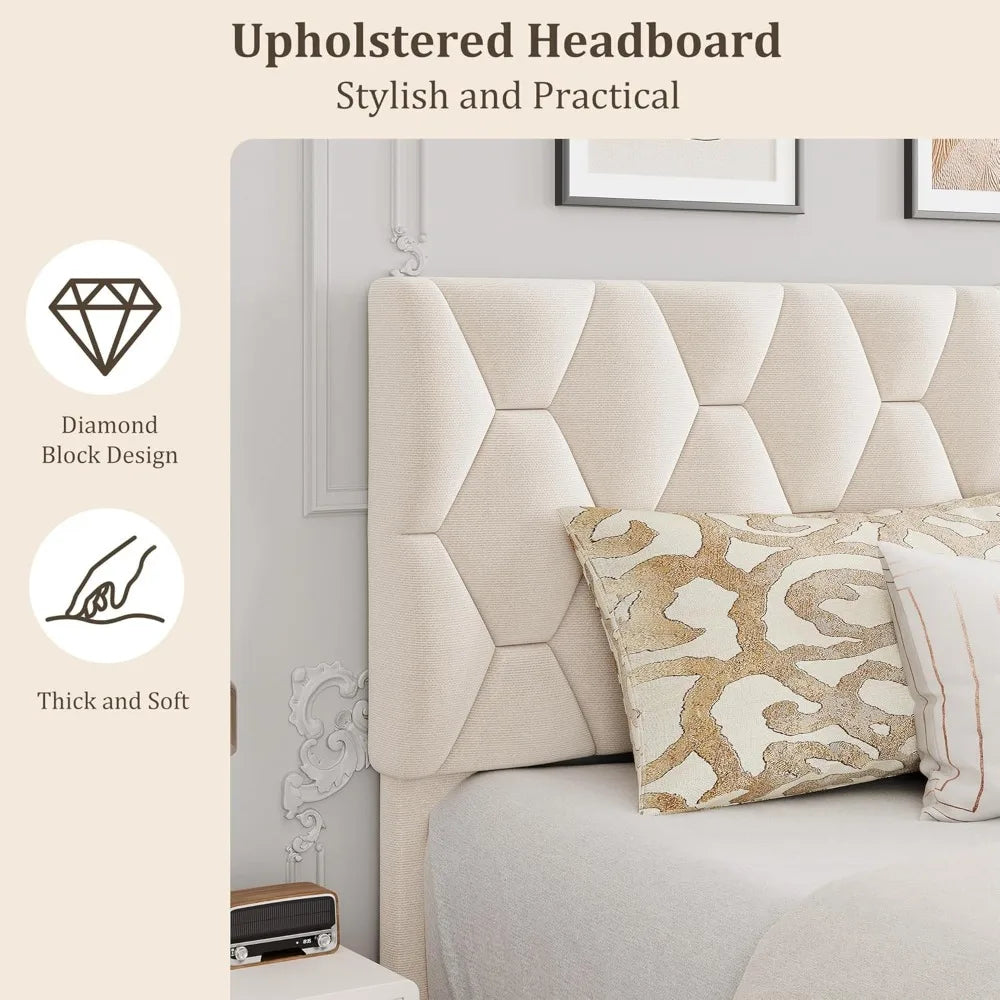 Beige King-Size Upholstered Headboard Bed Frame