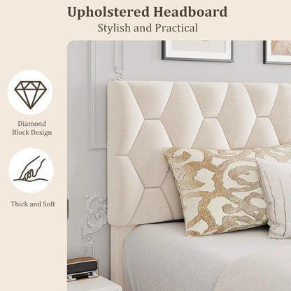 Beige King-Size Upholstered Headboard Bed Frame