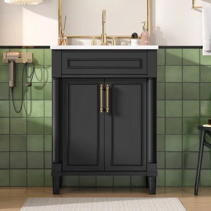 24" Bathroom Vanity with Integrated Ceramic Sink, Bathroom Cabinet with 2 Doors, Single Sink Bathroom Vanity for Small
