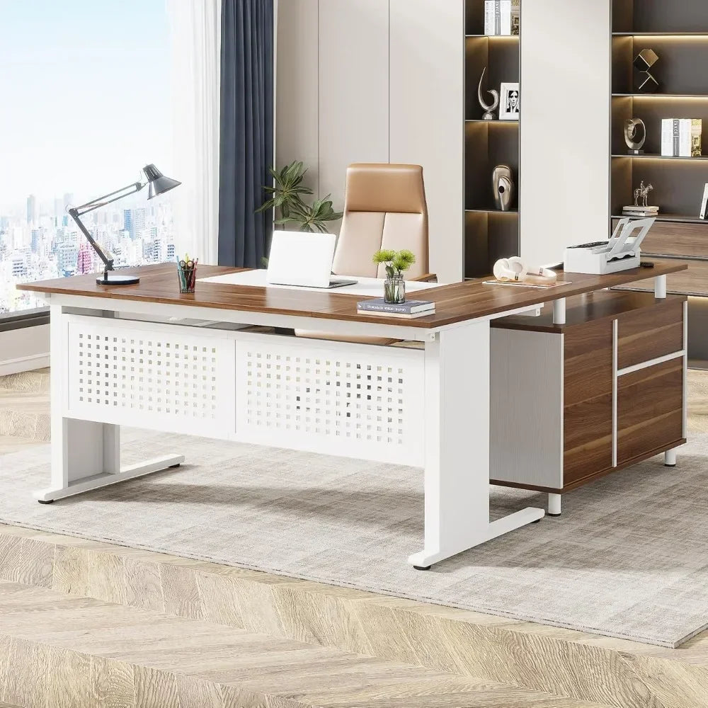 63" Executive L Shaped Office Desk with File Cabinet