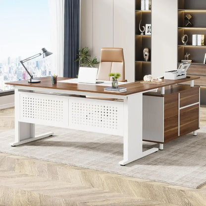 63" Executive L Shaped Office Desk with File Cabinet