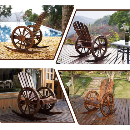 Outdoor Wooden Wagon Wheel Rocking Chairs Set