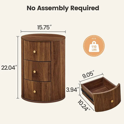 2-Piece Walnut Round Nightstand End Table with 3 Storage Drawers, 15.75 for Living Room,  Drawer for Bedroom,  Sofa Side Table Set