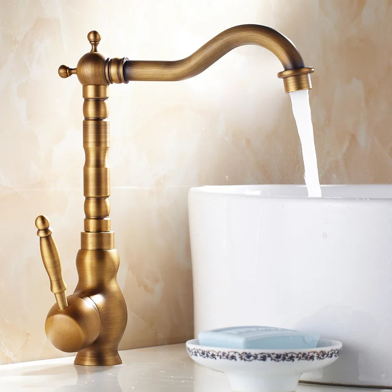 Antique Brass Rotating Spout Bathroom Faucet