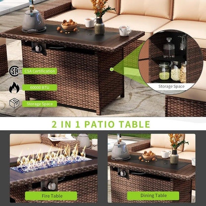 7 Piece Outdoor Wicker Patio Furniture Set with 44 " Fire Pit Table