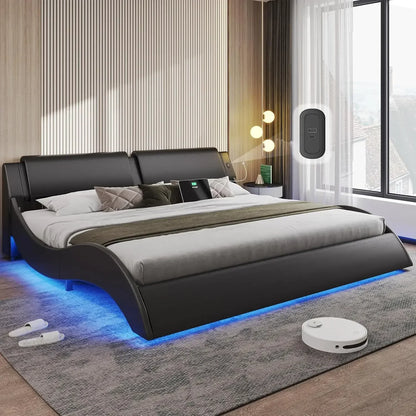 California King  Leather Platform Bed Frame w/ Led Lights