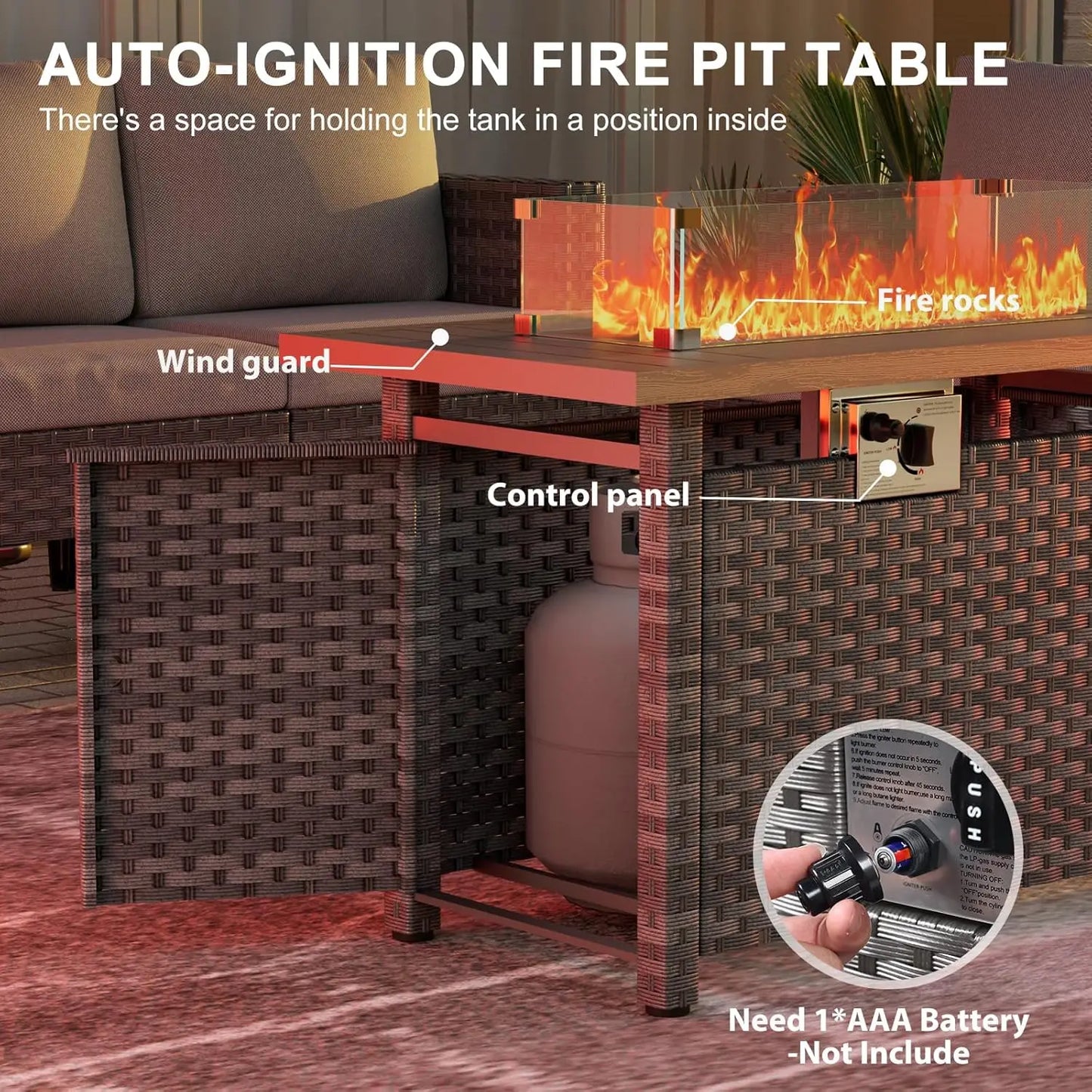 44" Propane Gas Fire Pit Table with Wind Guard