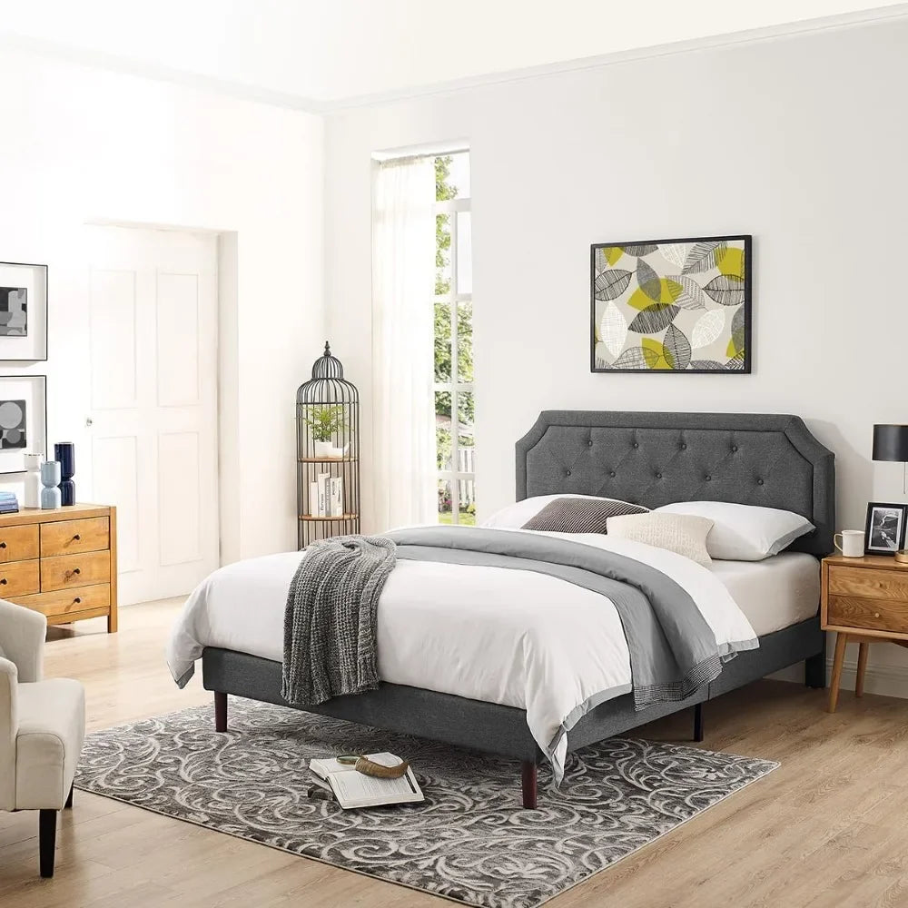 Bed Frame Queen Size Platform with Tufted Upholstered Headboard and Wood Slat Support,Adjustable Height Headboards