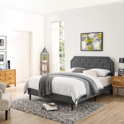 Bed Frame Queen Size Platform with Tufted Upholstered Headboard and Wood Slat Support,Adjustable Height Headboards