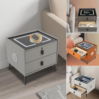 Modern 2-Drawer Smart Bedside Table with Wireless Charging USB Port Fingerprint Lock LED Light and Bluetooth Speaker for Bedroom