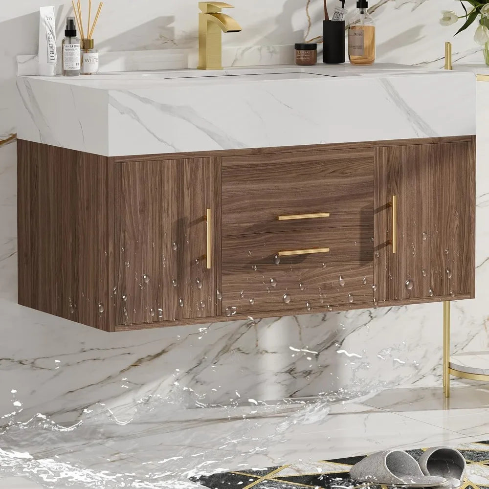 39.3" Modern Wall-Mounted Floating Bathroom Vanity Set,  Vanity with Sintered Stone Countertop, Undermount Sink & Walnut Finish