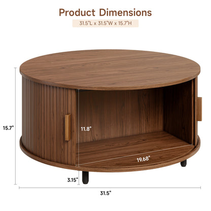 Round Fluted Wood Coffee Table with Storage