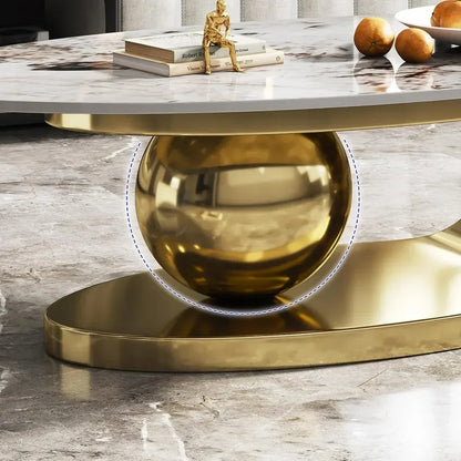 Modern Oval Stone Coffee Table with Abstract Gold Metal Base