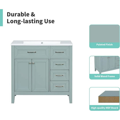 36" Free Standing Single Basin Vanity with 2 Doors Cabinet and 3 Drawers,