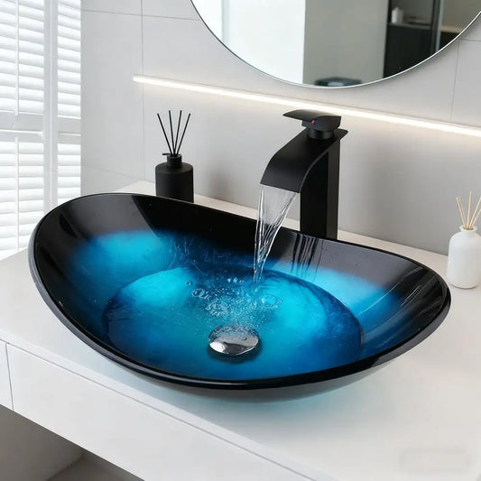 Elegant Oval Glass Vessel Sink with Waterfall Faucet
