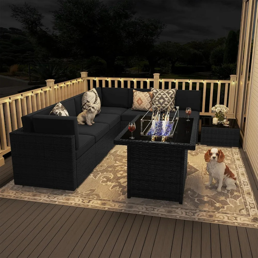 8 Pieces Patio Furniture Set w/ Propane Gas Fire Pit Table
