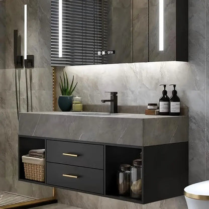 39.3" Modern Wall-Mounted Floating Bathroom Vanity Set,  Vanity with Sintered Stone Countertop, Undermount Sink & Walnut Finish