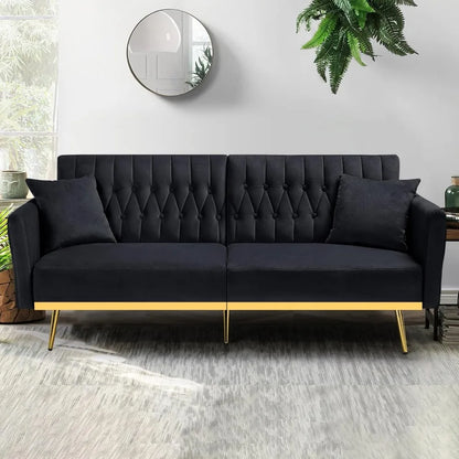 70” Velvet Futon Sofa Bed with 2 Pillows and Adjustable Armrests