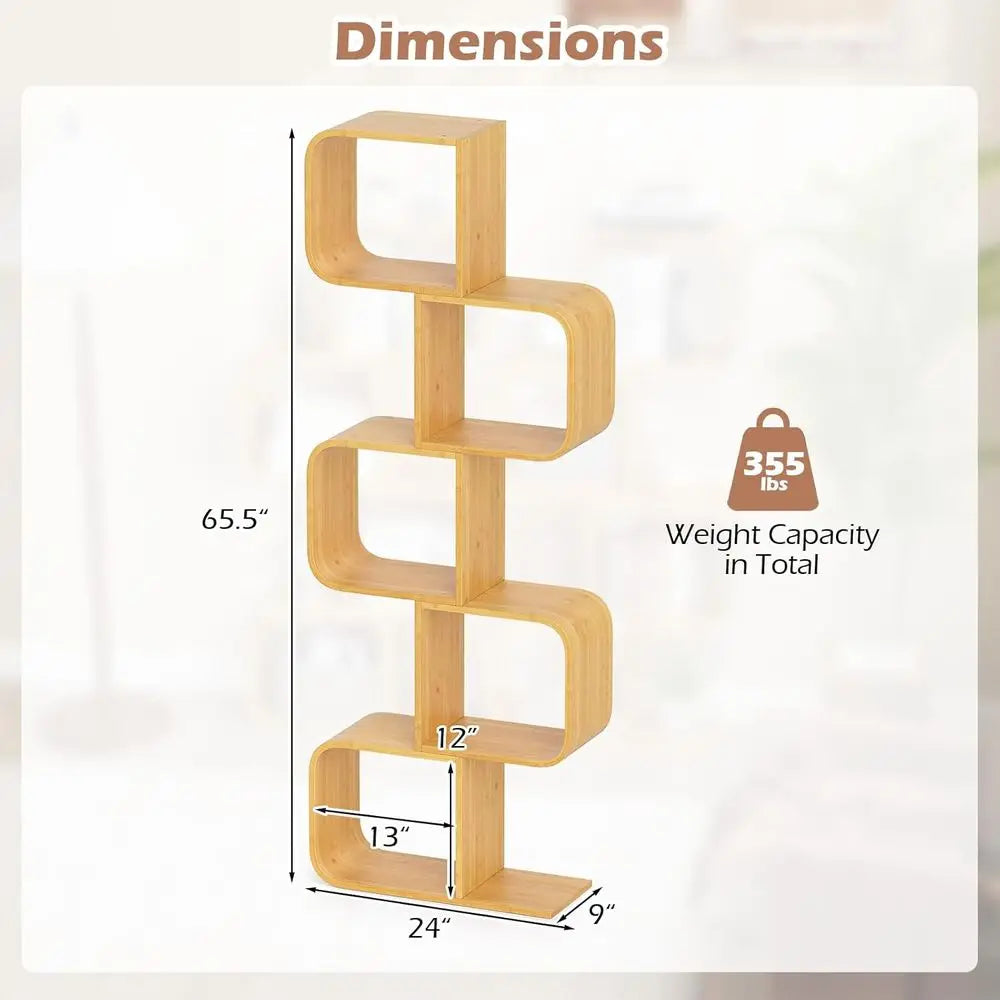 5-Tier Bamboo S-Shape Bookshelf with Open Cubes f