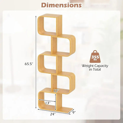5-Tier Bamboo S-Shape Bookshelf with Open Cubes f