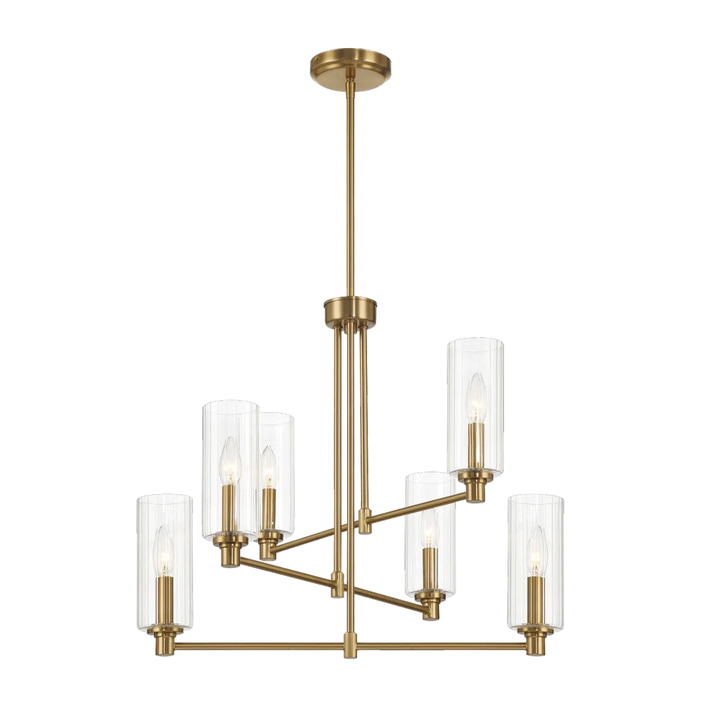 Timeless Six Lights Chandelier With Clear Ribbed Glass - Satin Brass
