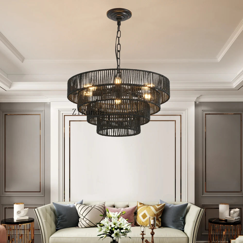 24" Rustic 5-Tier Black Hemp Rope Pendant Light Chandelier