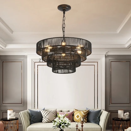 24" Rustic 5-Tier Black Hemp Rope Pendant Light Chandelier