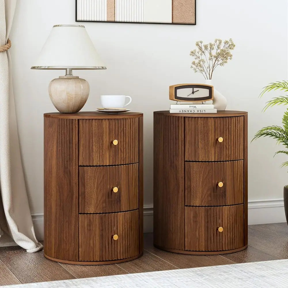 2-Piece Walnut Round Nightstand End Table with 3 Storage Drawers, 15.75 for Living Room,  Drawer for Bedroom,  Sofa Side Table Set