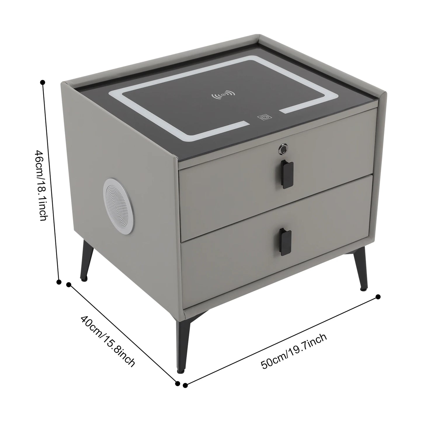 Modern 2-Drawer Smart Bedside Table with Wireless Charging USB Port Fingerprint Lock LED Light and Bluetooth Speaker for Bedroom