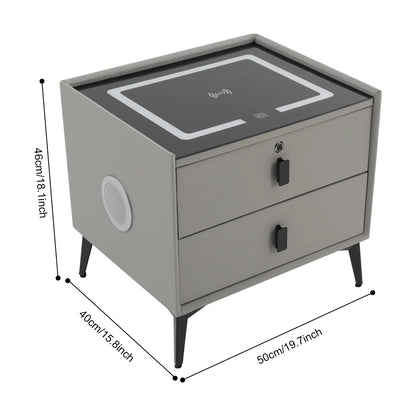 Modern 2-Drawer Smart Bedside Table with Wireless Charging USB Port Fingerprint Lock LED Light and Bluetooth Speaker for Bedroom