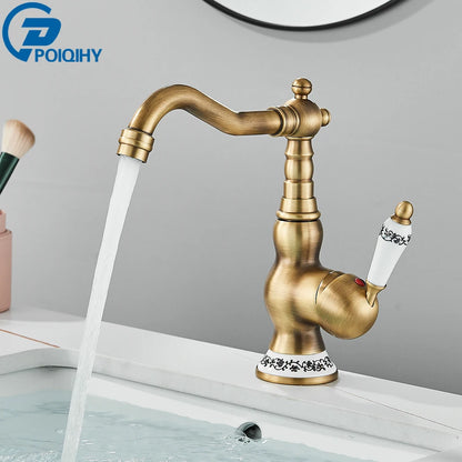 Antique Brass Rotating Spout Bathroom Faucet