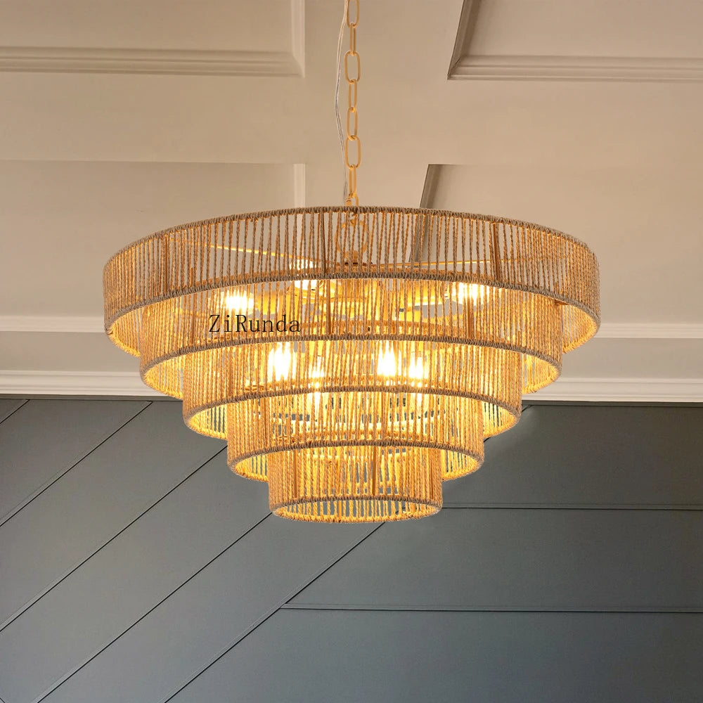 24" Rustic 5-Tier Black Hemp Rope Pendant Light Chandelier
