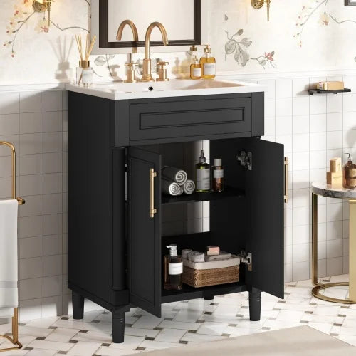 24" Bathroom Vanity with Integrated Ceramic Sink, Bathroom Cabinet with 2 Doors, Single Sink Bathroom Vanity for Small
