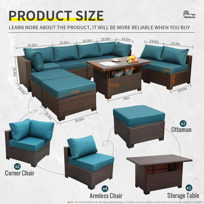 9 Pieces Peacock Blue Wicker Patio Furniture Set