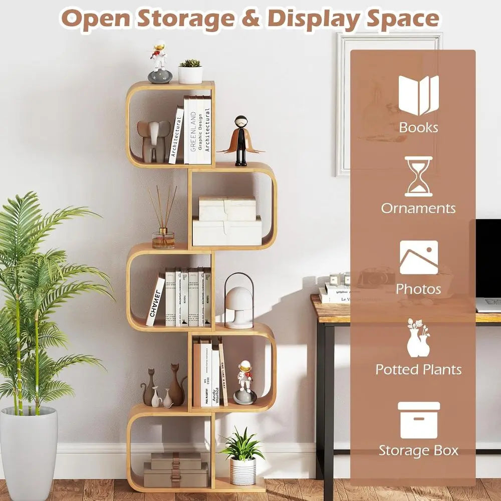 5-Tier Bamboo S-Shape Bookshelf with Open Cubes f