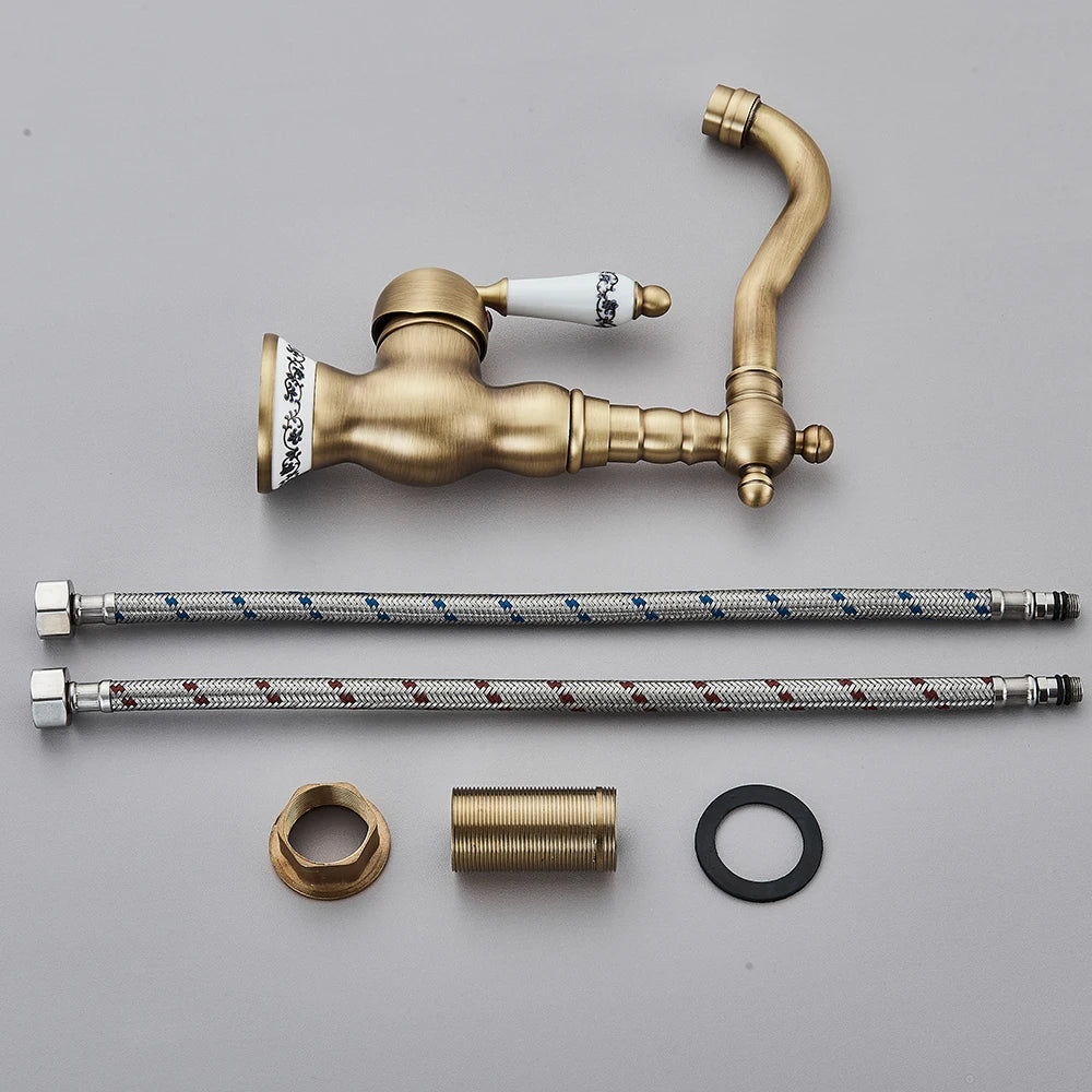 Antique Brass Rotating Spout Bathroom Faucet