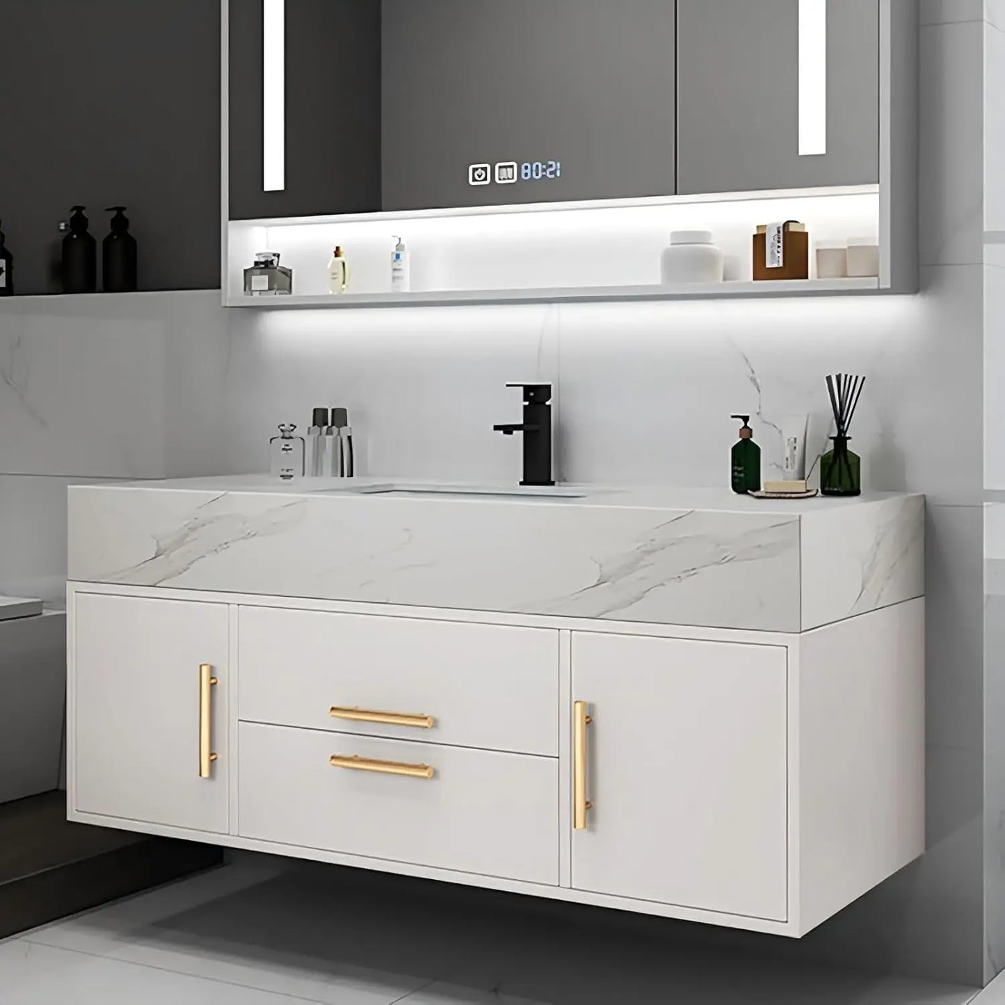39.3" Modern Wall-Mounted Floating Bathroom Vanity Set,  Vanity with Sintered Stone Countertop, Undermount Sink & Walnut Finish