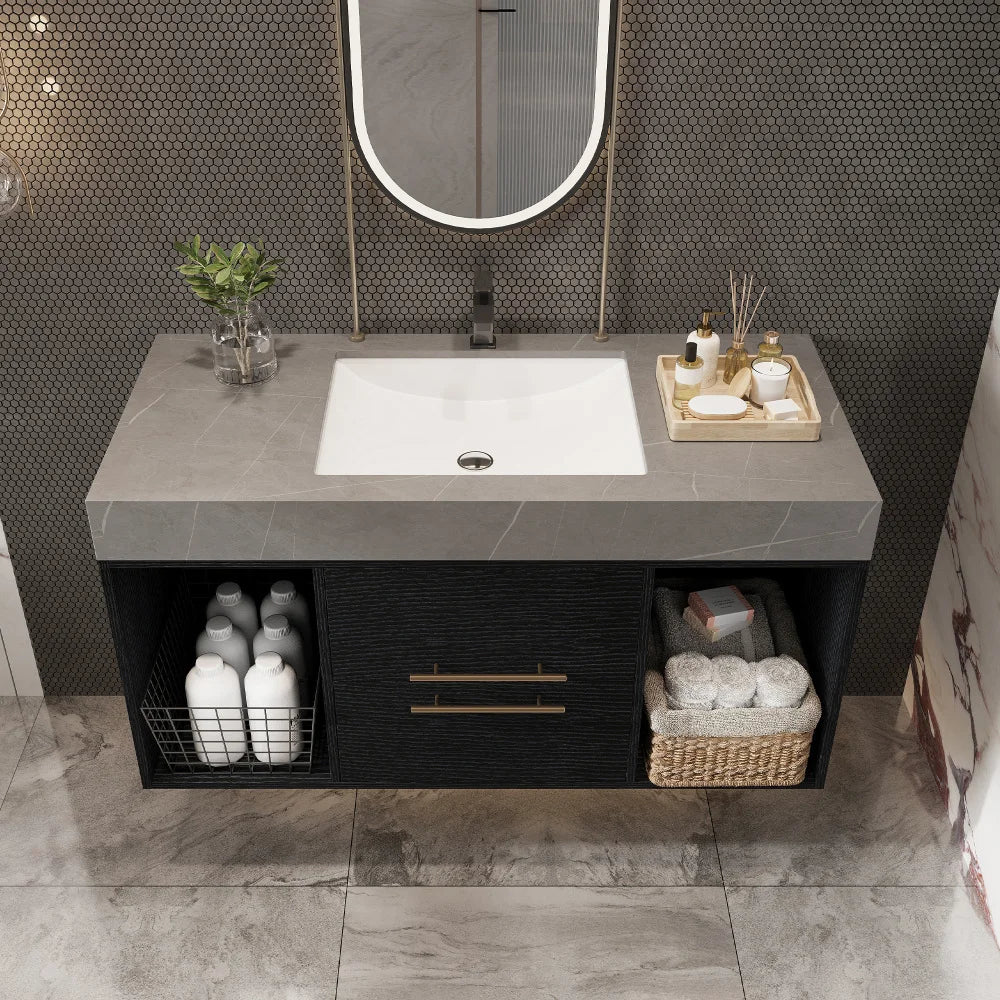 39.4" Single Floating Vanity with Faux Marble Ceramic Sink