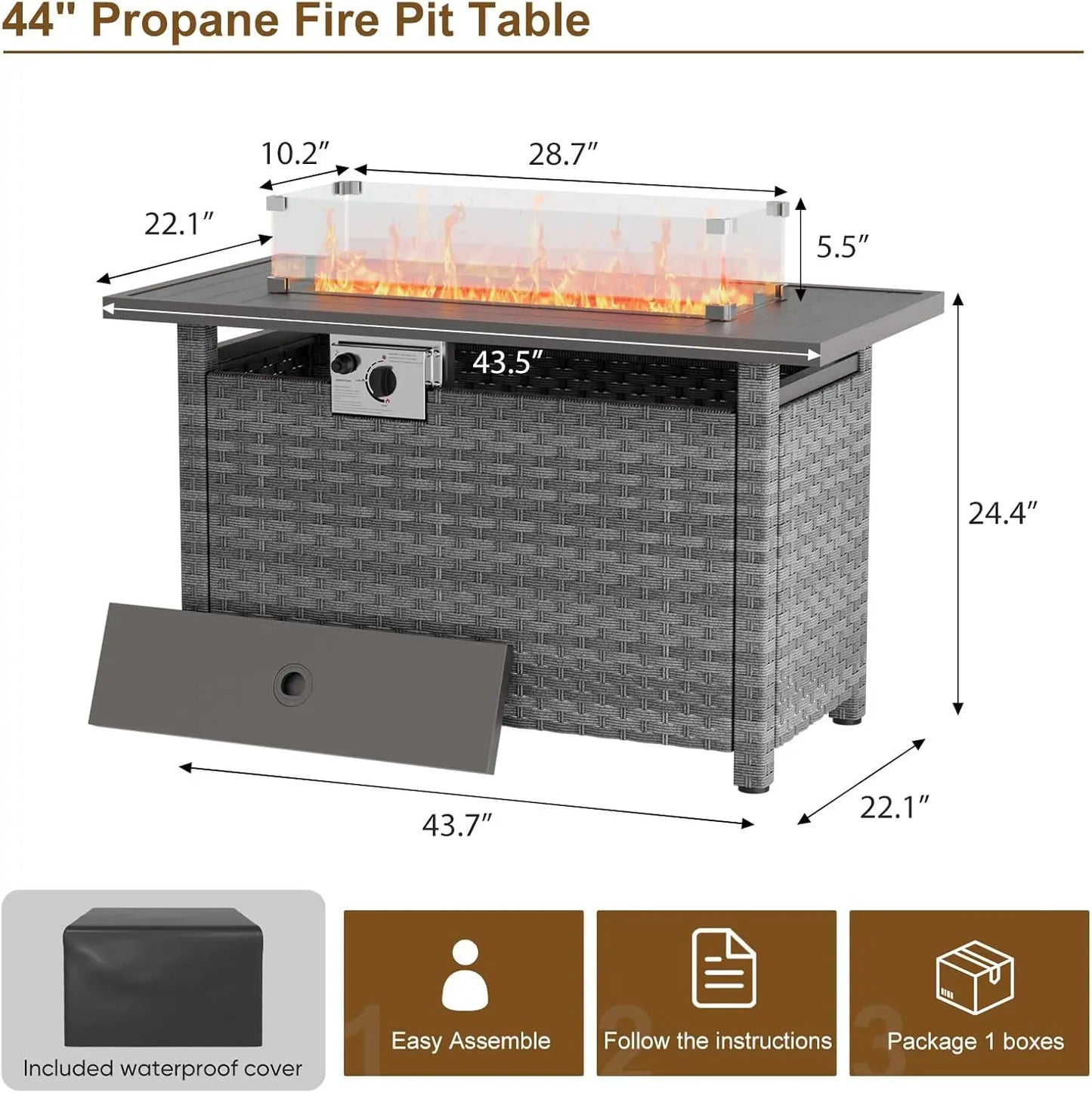 44" Propane Gas Fire Pit Table with Wind Guard