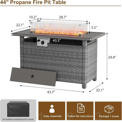 44" Propane Gas Fire Pit Table with Wind Guard