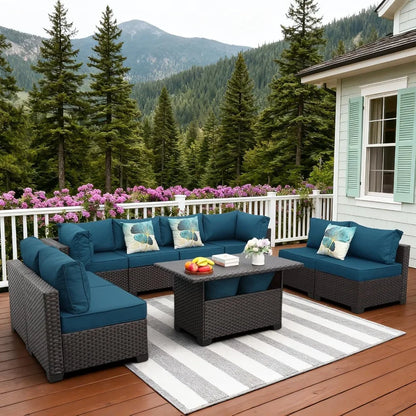 9 Pieces Peacock Blue Wicker Patio Furniture Set