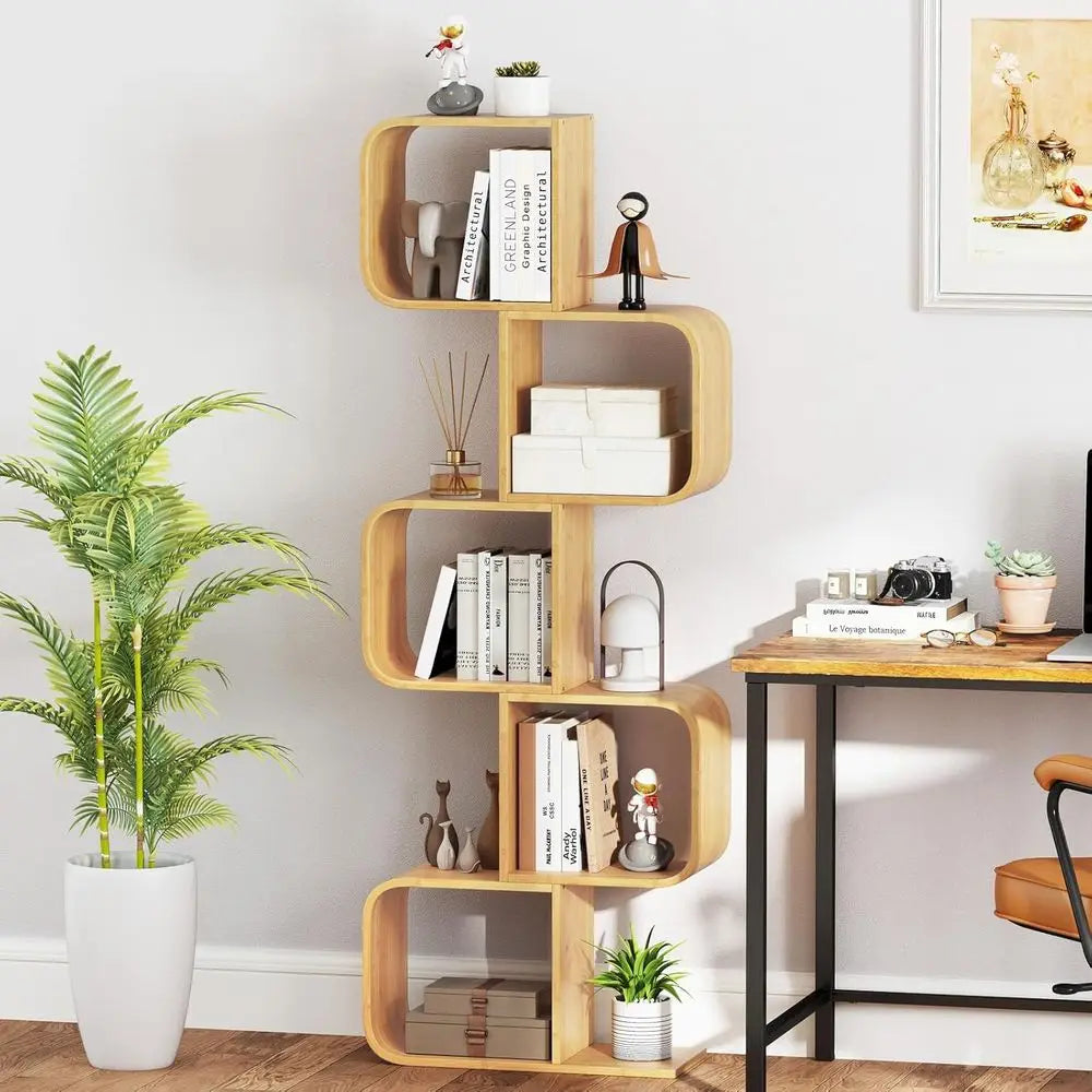 5-Tier Bamboo S-Shape Bookshelf with Open Cubes f