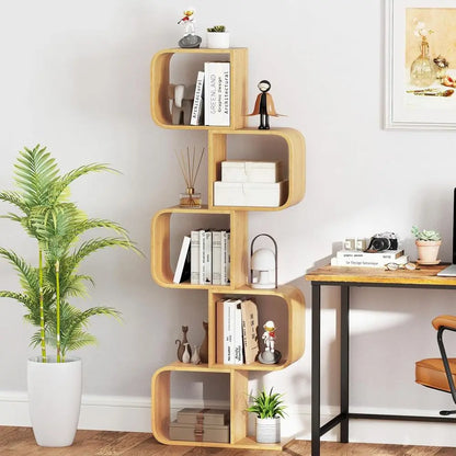 5-Tier Bamboo S-Shape Bookshelf with Open Cubes f