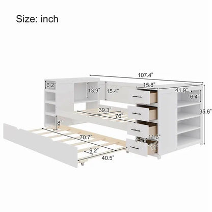 White Wooden Twin Size Daybed with  Storage Drawers