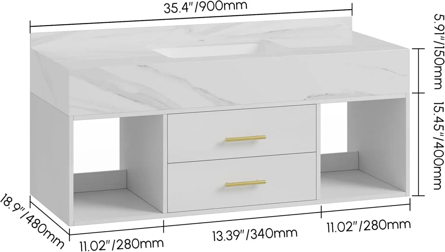 Modern Wall-Mounted White Stone Sink Vanity