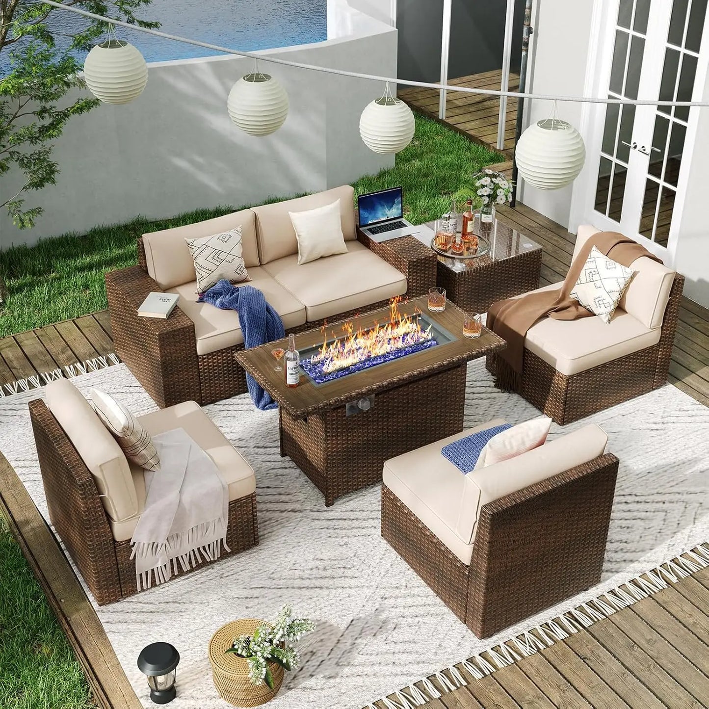 7 Piece Outdoor Wicker Patio Furniture Set with 44 " Fire Pit Table