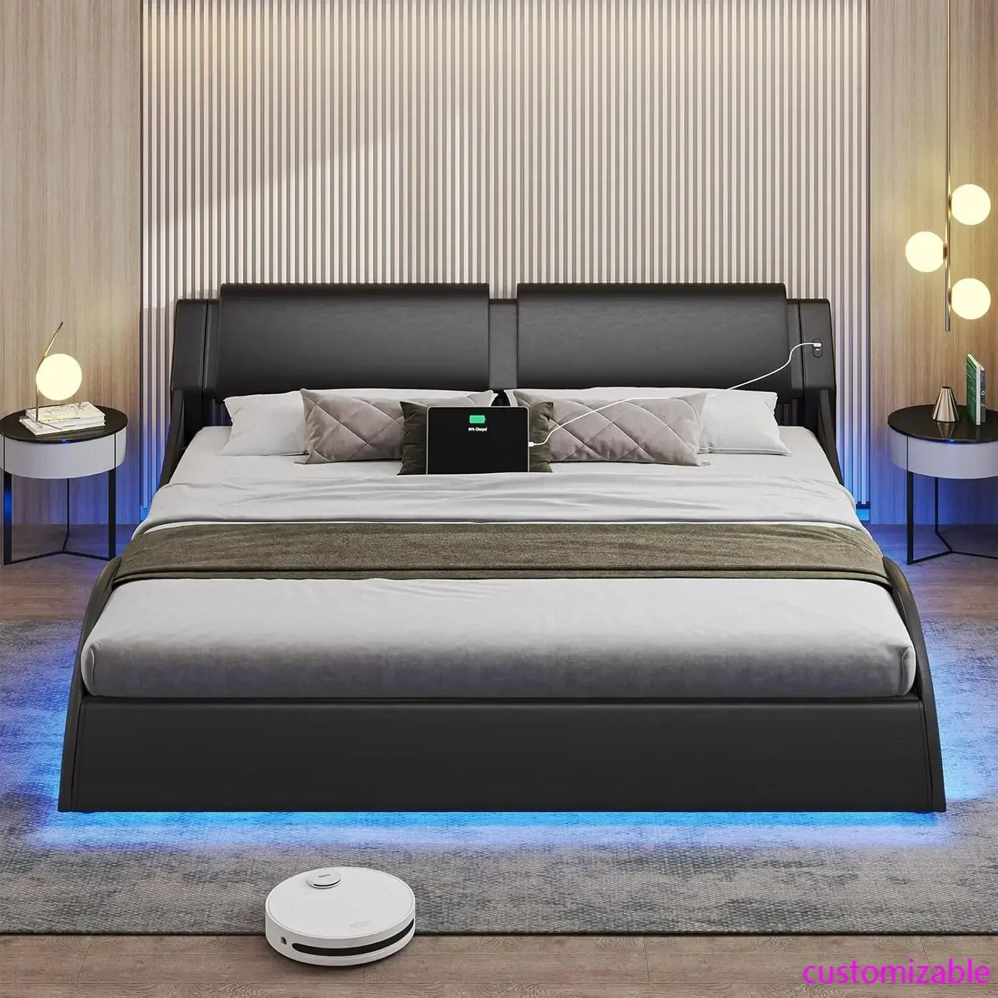 California King  Leather Platform Bed Frame w/ Led Lights