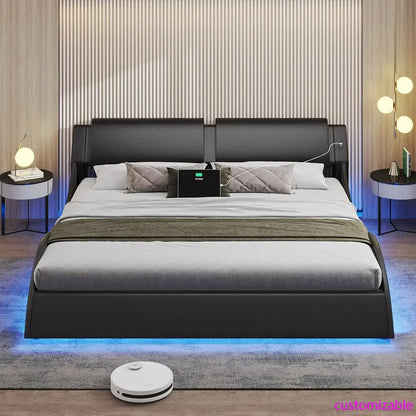 California King  Leather Platform Bed Frame w/ Led Lights