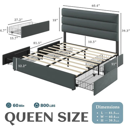 Queen Bed Frame with Storage Drawers