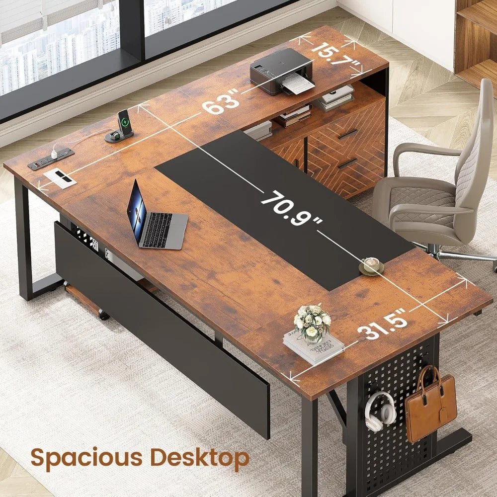 71" Rustic Brown L-Shaped Executive Desk with Rolling File Cabinet